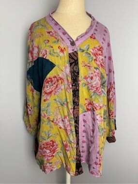 Sacred Threads Floral Patchwork Yellow Pink Blouse